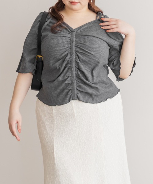 CLETTE(クレット)の「肩リボンギャザー半袖リブプルオーバー(Tシャツ/カットソー・レディース・チャコールグレー/ブラック・4L/3L/LL)」の9枚目の写真