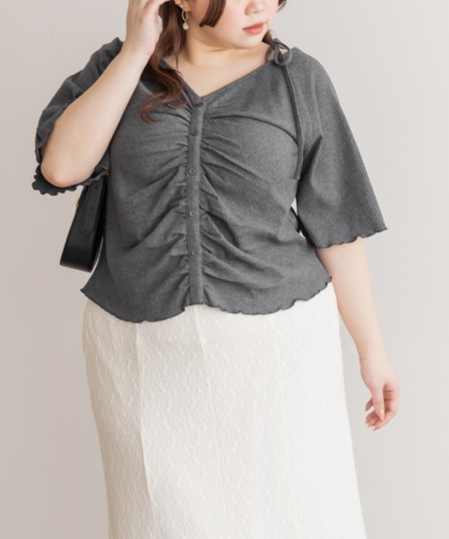 CLETTE(クレット)の「肩リボンギャザー半袖リブプルオーバー(Tシャツ/カットソー・レディース・チャコールグレー/ブラック・4L/3L/LL)」の10枚目の写真