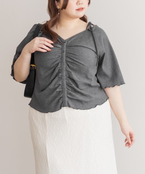 CLETTE(クレット)の「肩リボンギャザー半袖リブプルオーバー(Tシャツ/カットソー・レディース・チャコールグレー/ブラック・4L/3L/LL)」の11枚目の写真