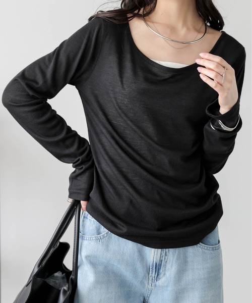 AMELY(エミリー)の「ラウンドネック シアー 長袖Tシャツ(Tシャツ/カットソー・レディース・グレー/ベージュ/ホワイト/ブラック・フリー)」の3枚目の写真