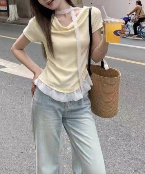 LOULOU select(ルルセレクト)の「裾フリルドレープTシャツ(Tシャツ/カットソー・レディース・サックスブルー/イエロー・M)」の5枚目の写真