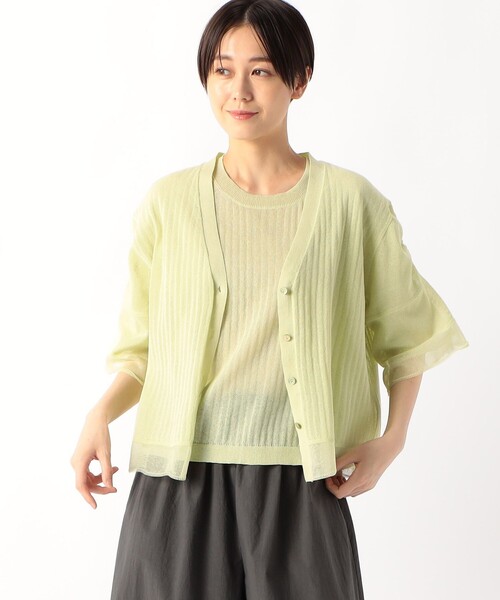 K.T KIYOKO TAKASE(キヨコタカセ)の「ストライプ調シアーニット ベルスリーブシアーカーディガン(カーディガン/ボレロ・レディース・イエロー×グリーン・9号)」の1枚目の写真