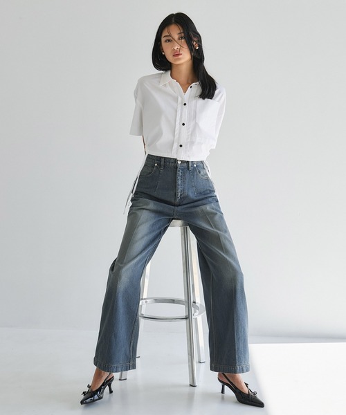 センタークリースハイウエストデニム｜ウォッシャブル/美脚見え/冬服