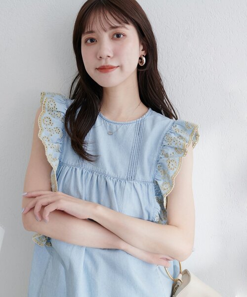 刺繍トップス セール】【WEB限定】デニム刺繍フリルブラウス（シャツ/ブラウス