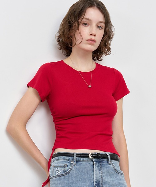 GENERAL IDEA(ジェネラルアイデア)の「GENERAL IDEA/ジェネラルアイディア shirring half t-shirts Tシャツ(Tシャツ/カットソー・レディース・ホワイト/レッド・M/S/L)」の1枚目の写真