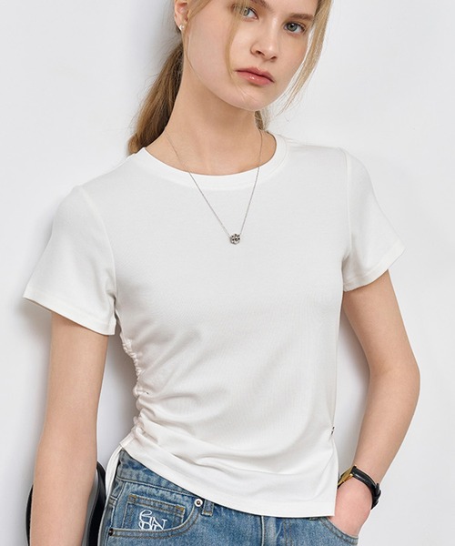 GENERAL IDEA(ジェネラルアイデア)の「GENERAL IDEA/ジェネラルアイディア shirring half t-shirts Tシャツ(Tシャツ/カットソー・レディース・ホワイト/レッド・M/S/L)」の5枚目の写真