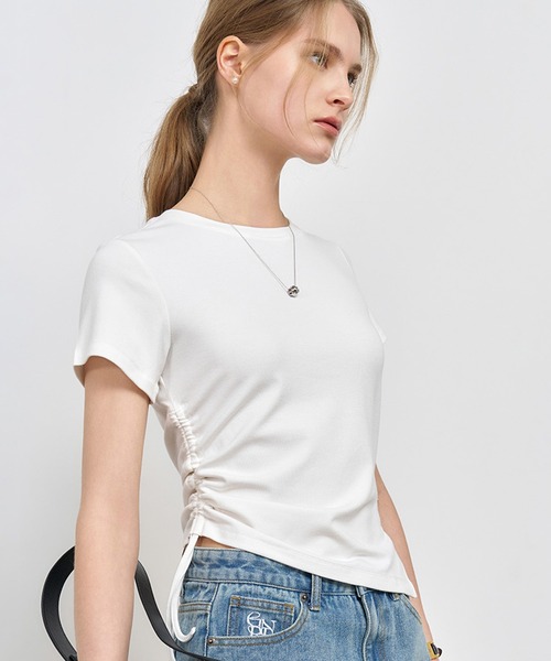 GENERAL IDEA(ジェネラルアイデア)の「GENERAL IDEA/ジェネラルアイディア shirring half t-shirts Tシャツ(Tシャツ/カットソー・レディース・ホワイト/レッド・M/S/L)」の6枚目の写真