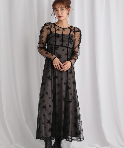 mysty woman（ミスティウーマン）の「チュールフラワーフロッキーワンピース　581551（ワンピース・レディース・アイボリー/ブラック・FREE）」の2枚目の写真