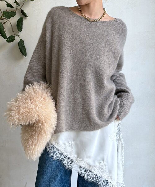 DouDou（ドゥドゥ）の「ファーウールポンチョプルオーバー（ニット/セーター・レディース・チャコールグレー/モカ/ミント・FREE）」の3枚目の写真