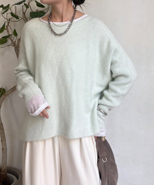 DouDou（ドゥドゥ）の「ファーウールポンチョプルオーバー（ニット/セーター・レディース・チャコールグレー/モカ/ミント・FREE）」の16枚目の写真