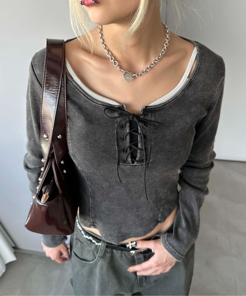 sedacle girl(セダクルガール)の「加工切り替えリブロンT(Tシャツ/カットソー・レディース・チャコールグレー・FREE)」の2枚目の写真
