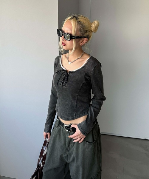 sedacle girl(セダクルガール)の「加工切り替えリブロンT(Tシャツ/カットソー・レディース・チャコールグレー・FREE)」の8枚目の写真