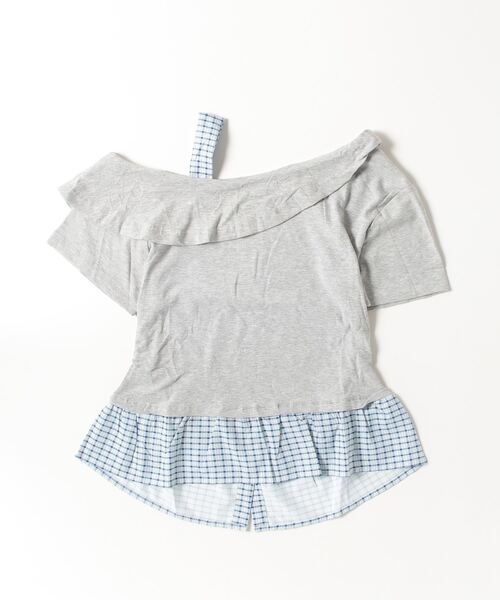 FUNdaysion(ファンデイション)の「裾切り替えチェックオフショルトップス(Tシャツ/カットソー・レディース・グレー/ブラック/アイボリー・M)」の4枚目の写真