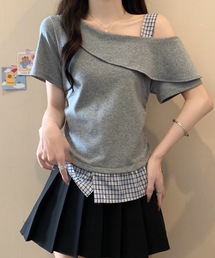 裾切り替えチェックオフショルトップス