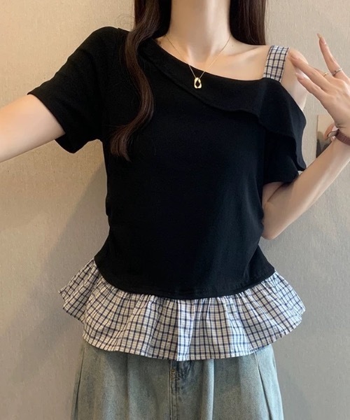 FUNdaysion(ファンデイション)の「裾切り替えチェックオフショルトップス(Tシャツ/カットソー・レディース・グレー/ブラック/アイボリー・M)」の6枚目の写真