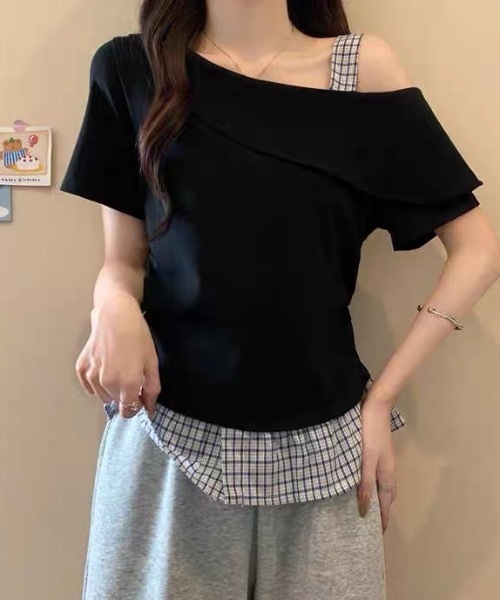 FUNdaysion(ファンデイション)の「裾切り替えチェックオフショルトップス(Tシャツ/カットソー・レディース・グレー/ブラック/アイボリー・M)」の10枚目の写真