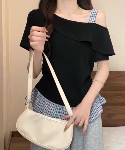 FUNdaysion(ファンデイション)の「裾切り替えチェックオフショルトップス(Tシャツ/カットソー・レディース・グレー/ブラック/アイボリー・M)」の11枚目の写真