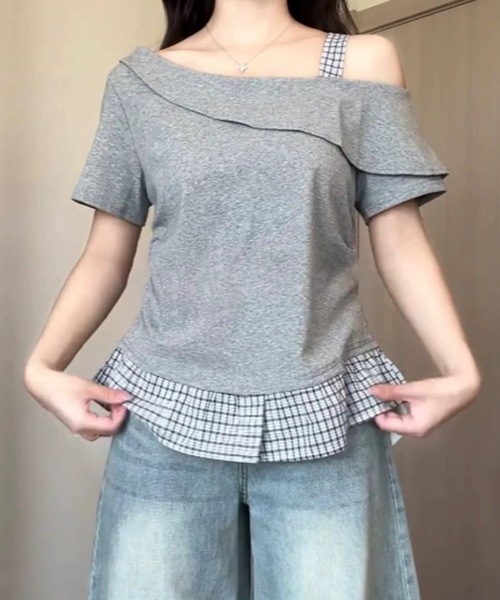 FUNdaysion(ファンデイション)の「裾切り替えチェックオフショルトップス(Tシャツ/カットソー・レディース・グレー/ブラック/アイボリー・M)」の12枚目の写真