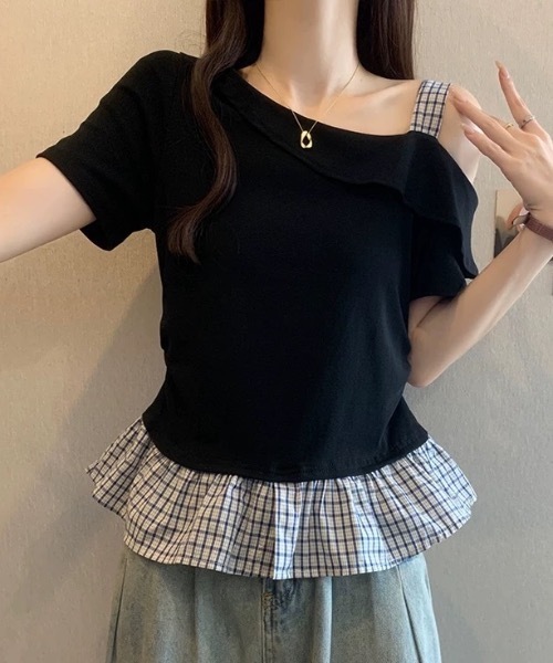 FUNdaysion(ファンデイション)の「裾切り替えチェックオフショルトップス(Tシャツ/カットソー・レディース・グレー/ブラック/アイボリー・M)」の13枚目の写真