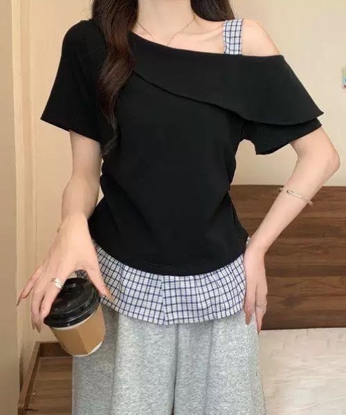 FUNdaysion(ファンデイション)の「裾切り替えチェックオフショルトップス(Tシャツ/カットソー・レディース・グレー/ブラック/アイボリー・M)」の14枚目の写真