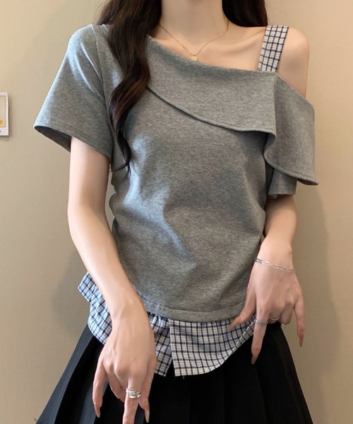 FUNdaysion(ファンデイション)の「裾切り替えチェックオフショルトップス(Tシャツ/カットソー・レディース・グレー/ブラック/アイボリー・M)」の15枚目の写真