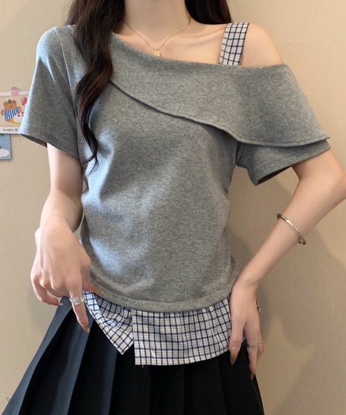 FUNdaysion(ファンデイション)の「裾切り替えチェックオフショルトップス(Tシャツ/カットソー・レディース・グレー/ブラック/アイボリー・M)」の16枚目の写真