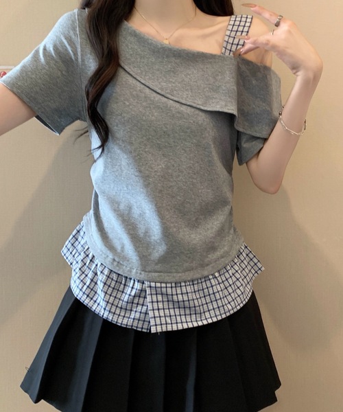 FUNdaysion(ファンデイション)の「裾切り替えチェックオフショルトップス(Tシャツ/カットソー・レディース・グレー/ブラック/アイボリー・M)」の18枚目の写真