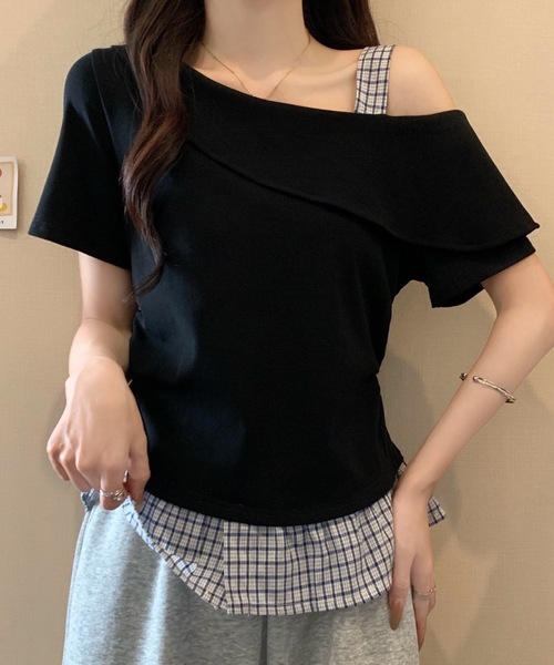 FUNdaysion(ファンデイション)の「裾切り替えチェックオフショルトップス(Tシャツ/カットソー・レディース・グレー/ブラック/アイボリー・M)」の20枚目の写真