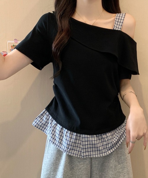 FUNdaysion(ファンデイション)の「裾切り替えチェックオフショルトップス(Tシャツ/カットソー・レディース・グレー/ブラック/アイボリー・M)」の21枚目の写真