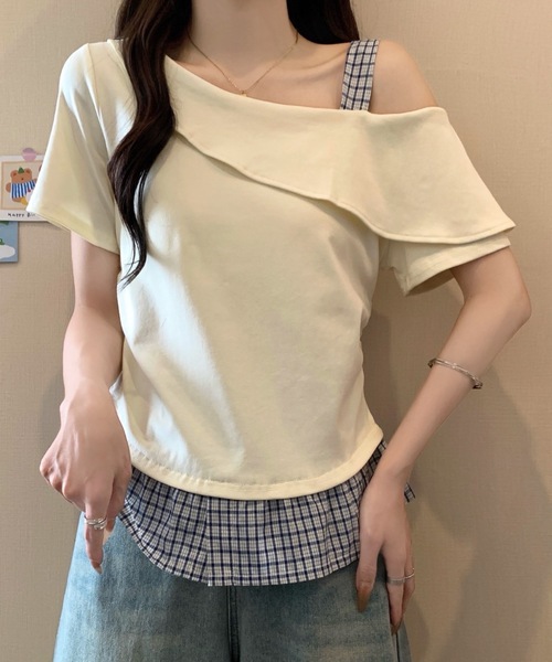 FUNdaysion(ファンデイション)の「裾切り替えチェックオフショルトップス(Tシャツ/カットソー・レディース・グレー/ブラック/アイボリー・M)」の22枚目の写真