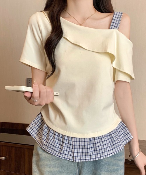 FUNdaysion(ファンデイション)の「裾切り替えチェックオフショルトップス(Tシャツ/カットソー・レディース・グレー/ブラック/アイボリー・M)」の17枚目の写真