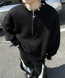 オーバーサイズダメージ加工ハーフジップニット