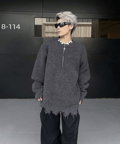 Ressaca(レサーカ)の「オーバーサイズダメージ加工ハーフジップニット(ニット/セーター・メンズ・グレー/ブラック・M/L/XL)」の11枚目の写真