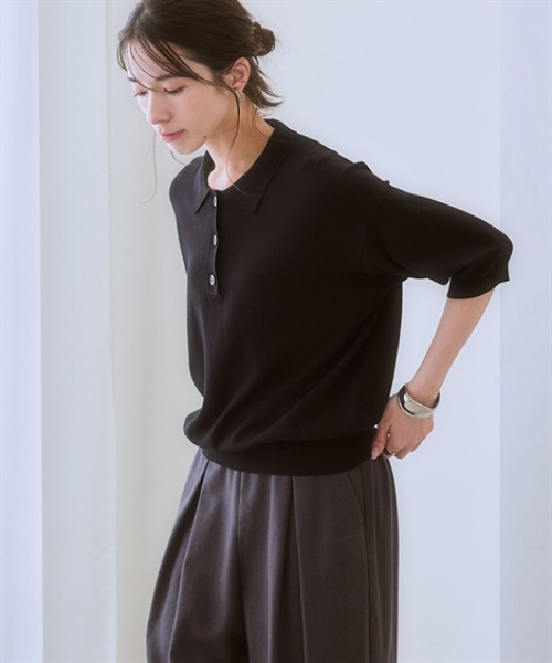 nissen（ニッセン）の「５分袖ポロ衿ニット＜大きいサイズ有＞（ニット/セーター・レディース・ブラック/イエロー・S/M/L/LL）」の2枚目の写真