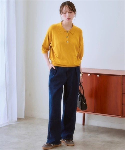 nissen（ニッセン）の「５分袖ポロ衿ニット＜大きいサイズ有＞（ニット/セーター・レディース・ブラック/イエロー・S/M/L/LL）」の5枚目の写真