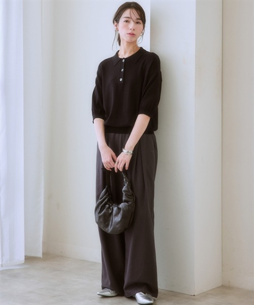 nissen（ニッセン）の「５分袖ポロ衿ニット＜大きいサイズ有＞（ニット/セーター・レディース・ブラック/イエロー・S/M/L/LL）」の12枚目の写真