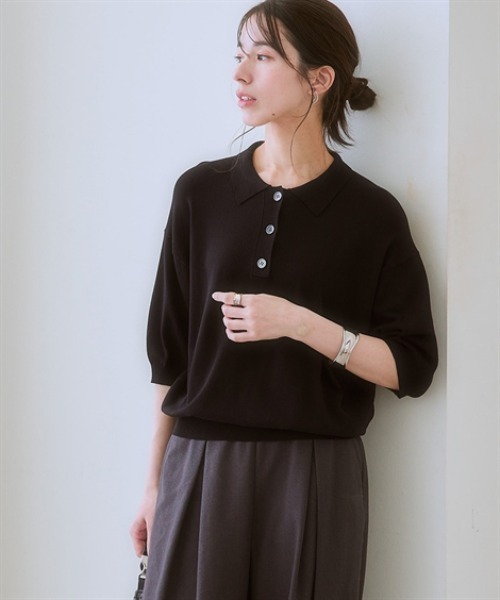 nissen（ニッセン）の「５分袖ポロ衿ニット＜大きいサイズ有＞（ニット/セーター・レディース・ブラック/イエロー・S/M/L/LL）」の13枚目の写真