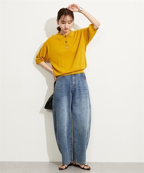 nissen（ニッセン）の「５分袖ポロ衿ニット＜大きいサイズ有＞（ニット/セーター・レディース・ブラック/イエロー・S/M/L/LL）」の8枚目の写真