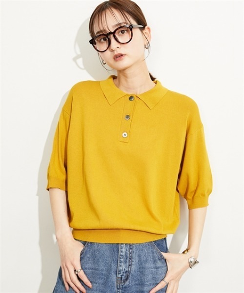 nissen（ニッセン）の「５分袖ポロ衿ニット＜大きいサイズ有＞（ニット/セーター・レディース・ブラック/イエロー・S/M/L/LL）」の6枚目の写真