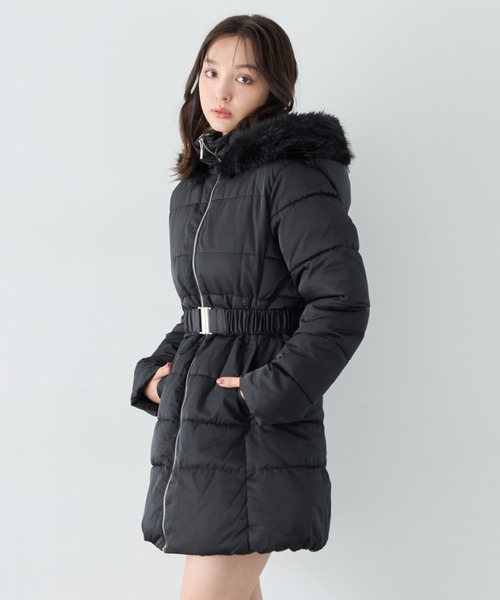 ぶんぶんごーページ セール】ファーフード付ウエストベルトエコダウンコート（ダウン