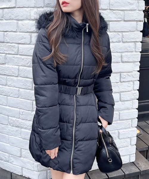 セール】ファーフード付ウエストベルトエコダウンコート（ダウン
