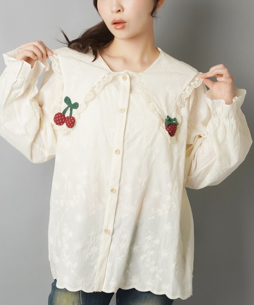 フルーツ刺繍が気分☆彡フルーツモチーフ刺繍レースブラウス（シャツ