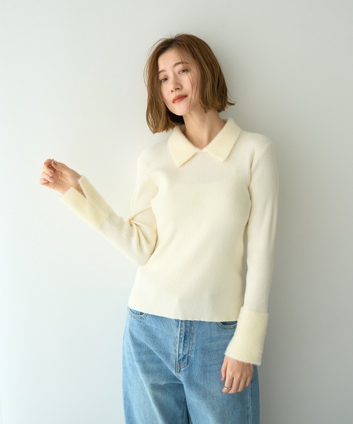 YECCA VECCA（イェッカヴェッカ）の「フェザー襟スパンコールニット（ニット/セーター・レディース・アイボリー/グレー・FREE）」の19枚目の写真