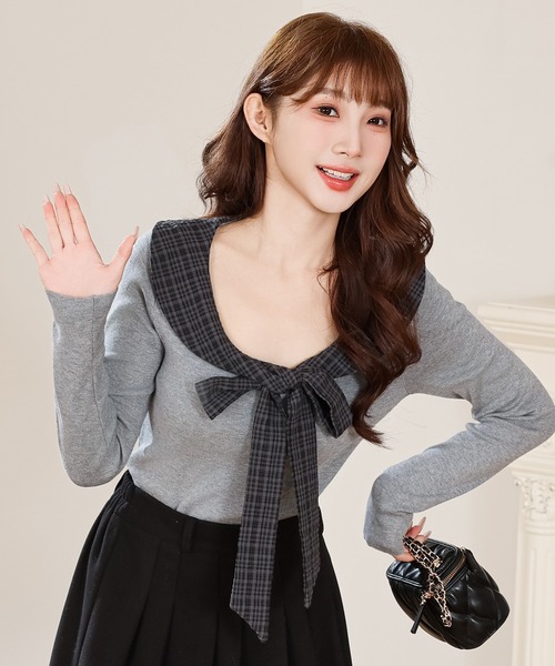Anely(アネリー)の「ラウンドネック ボウタイ リボン リブニット トップス(ニット/セーター・レディース・アイボリー/グレー・FREE)」の9枚目の写真