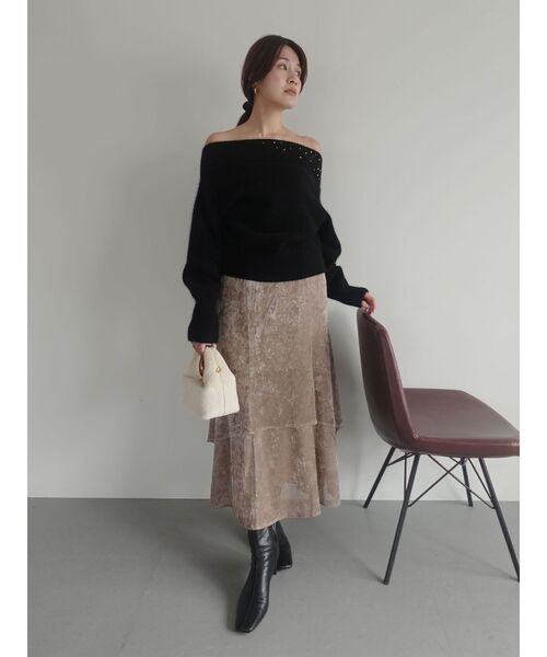 LAGUNAMOON（ラグナムーン）の「CHNラクーンブレンドビジューオフショルニットプルオーバー（ニット/セーター・レディース・ホワイト/ピンク/ブラック・FREE）」の13枚目の写真