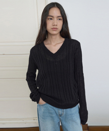 SHEER V-NECK KNIT_BLACK
