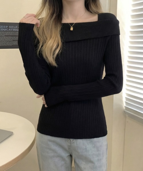 cammie(キャミー)の「スクエアネックリブニットトップス(ニット/セーター・レディース・ベージュ/ホワイト/ブラック/グレー・F)」の2枚目の写真