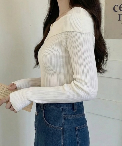cammie(キャミー)の「スクエアネックリブニットトップス(ニット/セーター・レディース・ベージュ/ホワイト/ブラック/グレー・F)」の8枚目の写真