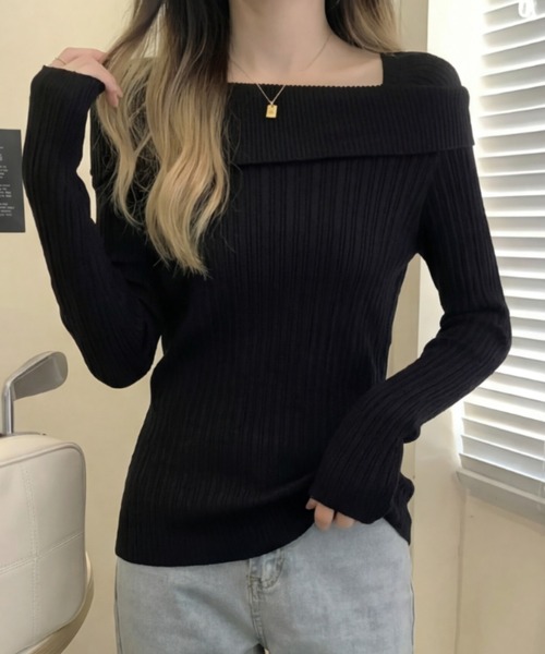 cammie(キャミー)の「スクエアネックリブニットトップス(ニット/セーター・レディース・ベージュ/ホワイト/ブラック/グレー・F)」の15枚目の写真