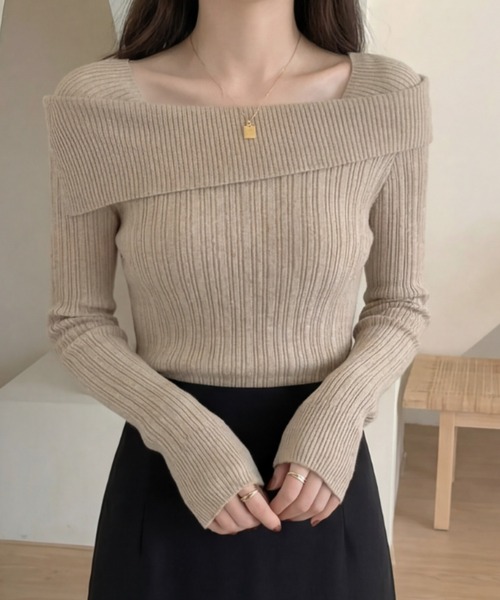 cammie(キャミー)の「スクエアネックリブニットトップス(ニット/セーター・レディース・ベージュ/ホワイト/ブラック/グレー・F)」の21枚目の写真